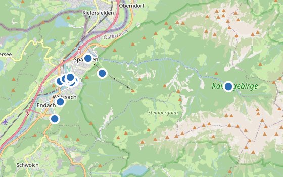 Kartenausschnitt mit den Hotels des Reiseziels