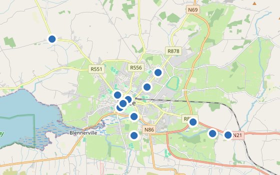 Kartenausschnitt mit den Hotels des Reiseziels