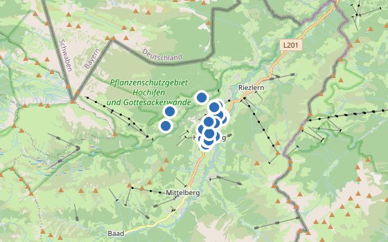 Kartenausschnitt mit den Hotels des Reiseziels