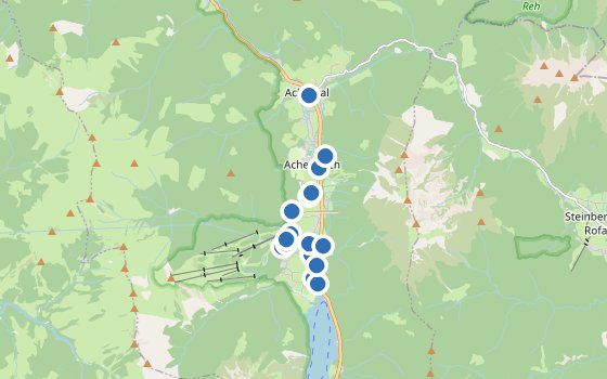 Kartenausschnitt mit den Hotels des Reiseziels