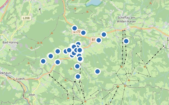 Kartenausschnitt mit den Hotels des Reiseziels