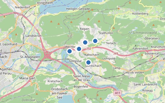 Kartenausschnitt mit den Hotels des Reiseziels