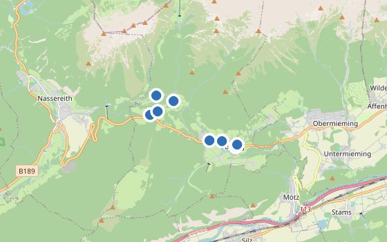 Kartenausschnitt mit den Hotels des Reiseziels