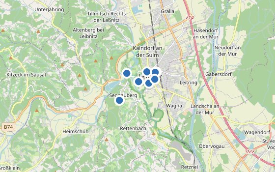 Kartenausschnitt mit den Hotels des Reiseziels