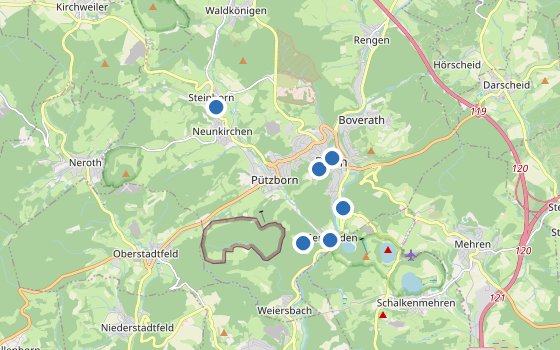 Kartenausschnitt mit den Hotels des Reiseziels