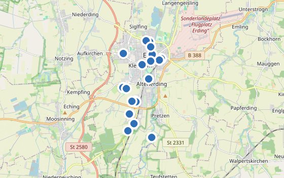 Kartenausschnitt mit den Hotels des Reiseziels