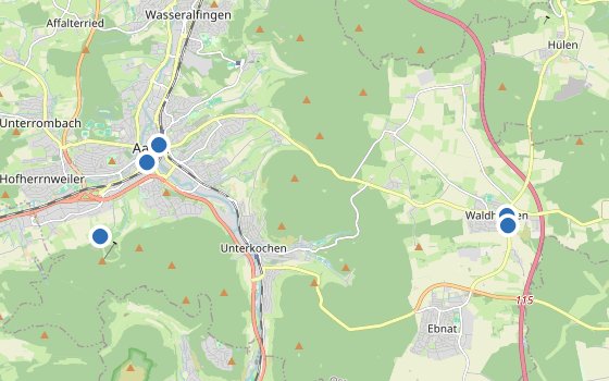 Kartenausschnitt mit den Hotels des Reiseziels