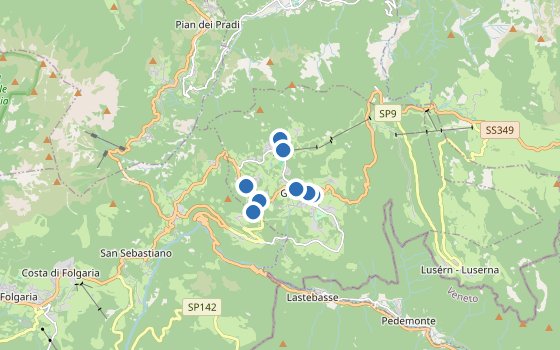 Kartenausschnitt mit den Hotels des Reiseziels