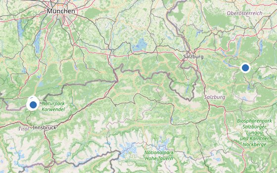Kartenausschnitt mit den Hotels des Reiseziels