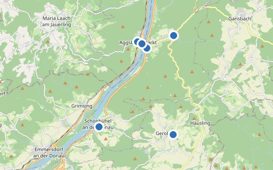 Kartenausschnitt mit den Hotels des Reiseziels