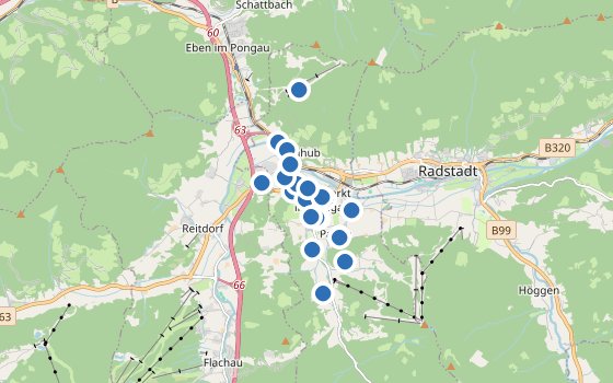 Kartenausschnitt mit den Hotels des Reiseziels