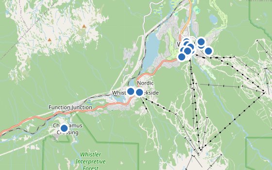 Kartenausschnitt mit den Hotels des Reiseziels