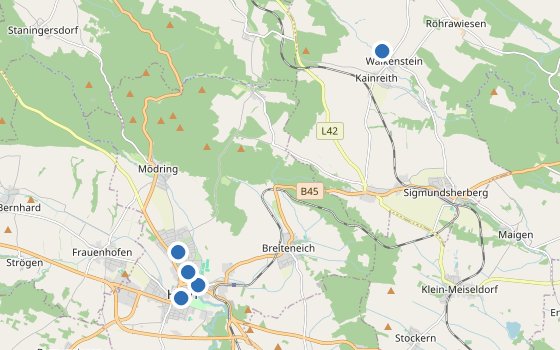 Kartenausschnitt mit den Hotels des Reiseziels