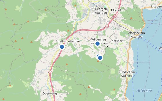 Kartenausschnitt mit den Hotels des Reiseziels