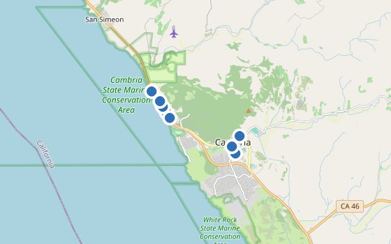 Kartenausschnitt mit den Hotels des Reiseziels