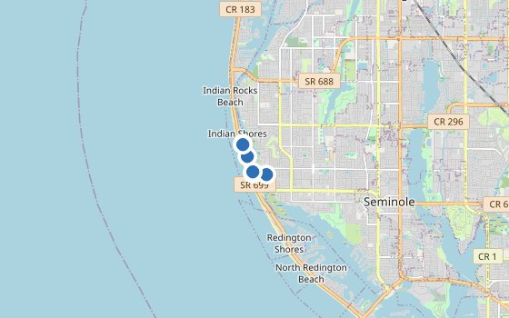 Kartenausschnitt mit den Hotels des Reiseziels