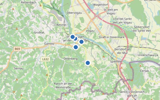 Kartenausschnitt mit den Hotels des Reiseziels