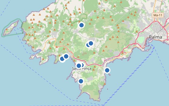 Kartenausschnitt mit den Hotels des Reiseziels