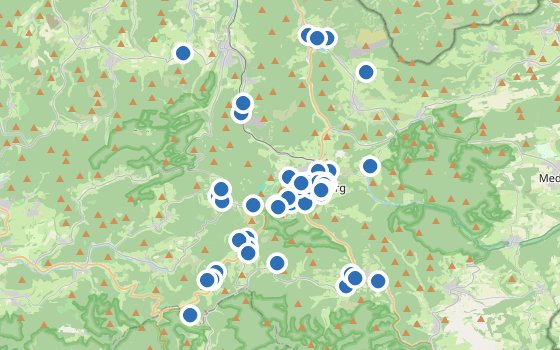 Kartenausschnitt mit den Hotels des Reiseziels