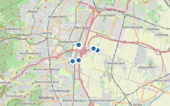 Kartenausschnitt mit den Hotels des Reiseziels