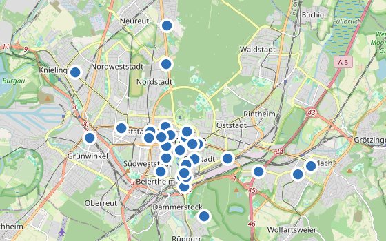 Kartenausschnitt mit den Hotels des Reiseziels