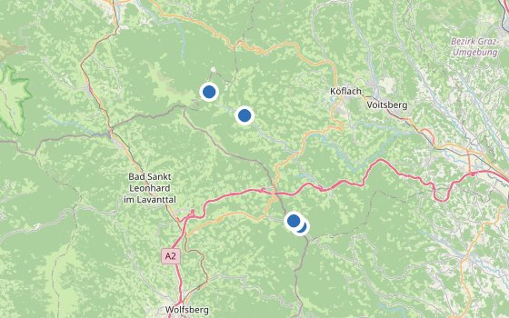 Kartenausschnitt mit den Hotels des Reiseziels