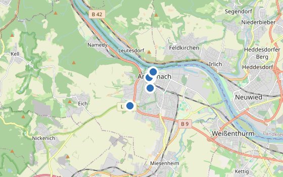 Kartenausschnitt mit den Hotels des Reiseziels