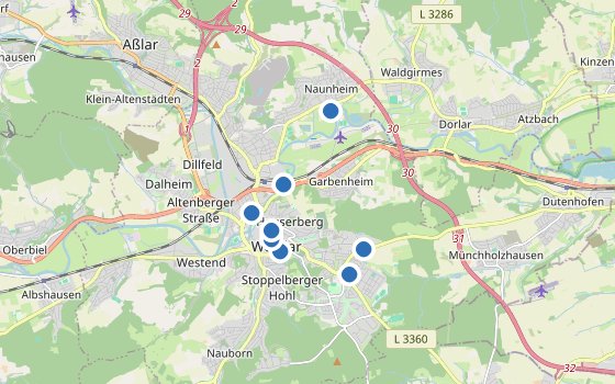 Kartenausschnitt mit den Hotels des Reiseziels