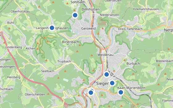 Kartenausschnitt mit den Hotels des Reiseziels