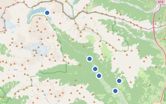 Kartenausschnitt mit den Hotels des Reiseziels