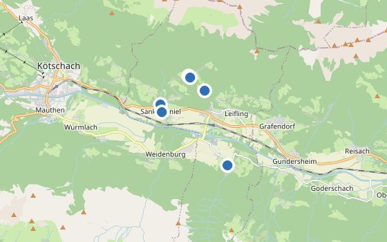 Kartenausschnitt mit den Hotels des Reiseziels