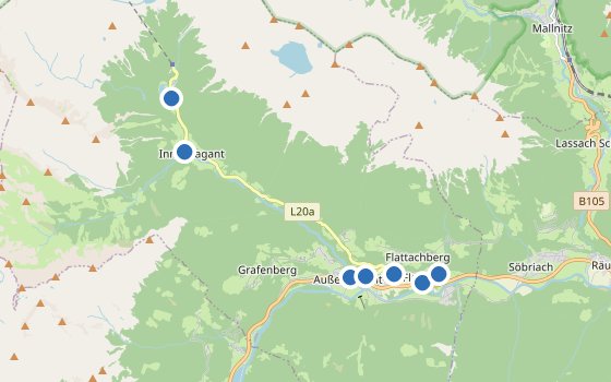 Kartenausschnitt mit den Hotels des Reiseziels