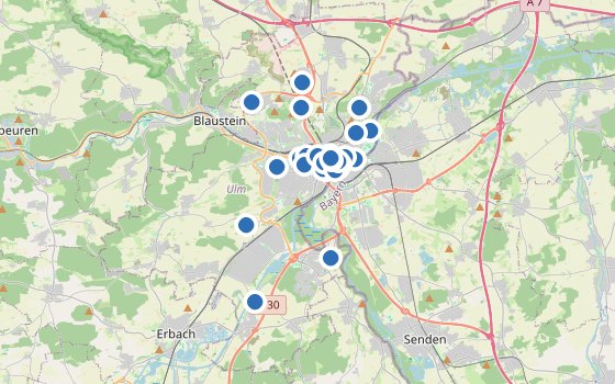Kartenausschnitt mit den Hotels des Reiseziels