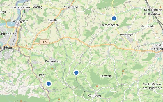 Kartenausschnitt mit den Hotels des Reiseziels