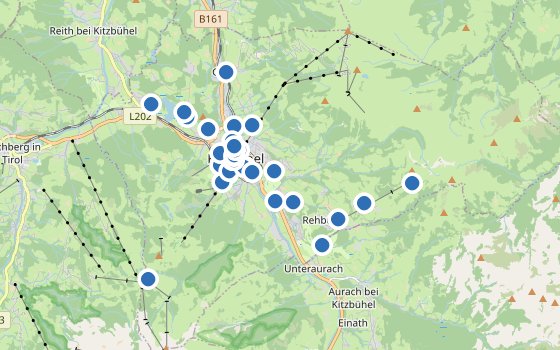 Kartenausschnitt mit den Hotels des Reiseziels