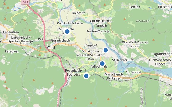 Kartenausschnitt mit den Hotels des Reiseziels