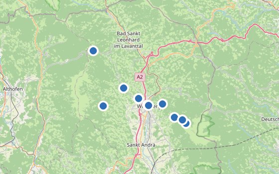 Kartenausschnitt mit den Hotels des Reiseziels