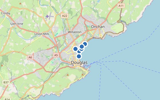 Kartenausschnitt mit den Hotels des Reiseziels
