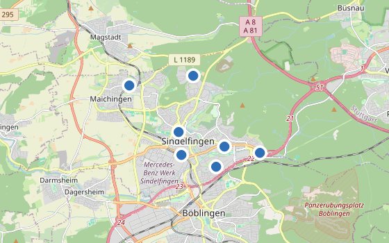 Kartenausschnitt mit den Hotels des Reiseziels