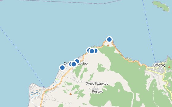 Kartenausschnitt mit den Hotels des Reiseziels