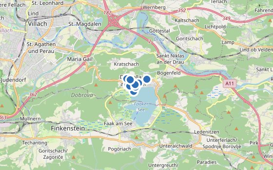 Kartenausschnitt mit den Hotels des Reiseziels