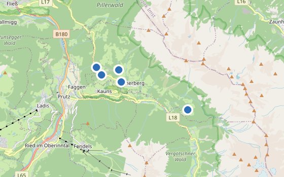 Kartenausschnitt mit den Hotels des Reiseziels