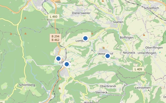 Kartenausschnitt mit den Hotels des Reiseziels