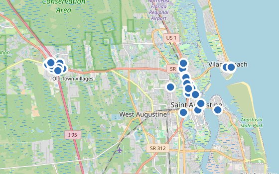 Kartenausschnitt mit den Hotels des Reiseziels