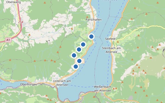 Kartenausschnitt mit den Hotels des Reiseziels