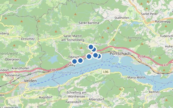 Kartenausschnitt mit den Hotels des Reiseziels
