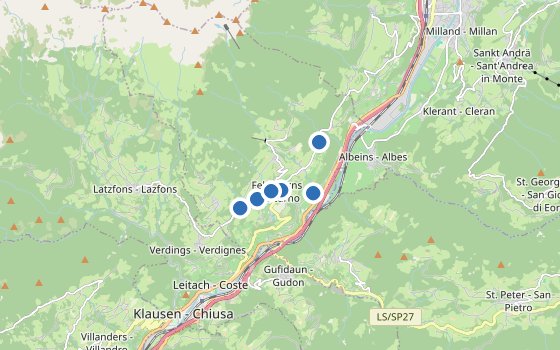 Kartenausschnitt mit den Hotels des Reiseziels