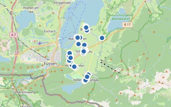 Kartenausschnitt mit den Hotels des Reiseziels