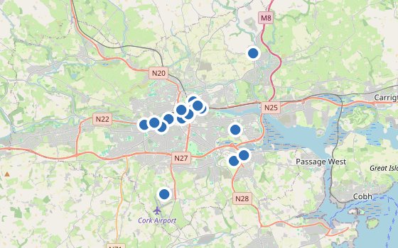 Kartenausschnitt mit den Hotels des Reiseziels