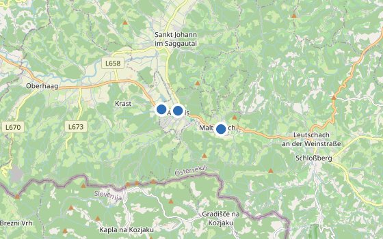 Kartenausschnitt mit den Hotels des Reiseziels